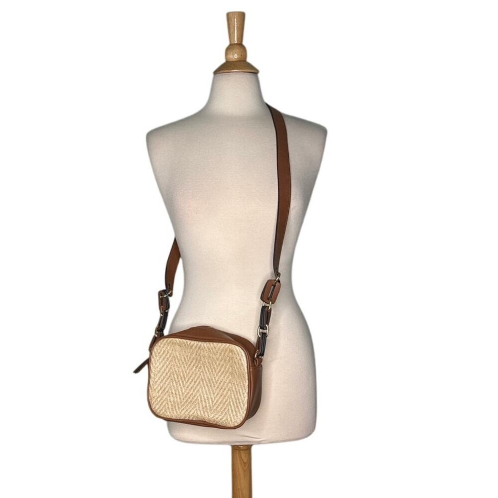 Crossbody Woven Front Faux Leather Side Brown Neutral Rectangle Zipper Bag Purse